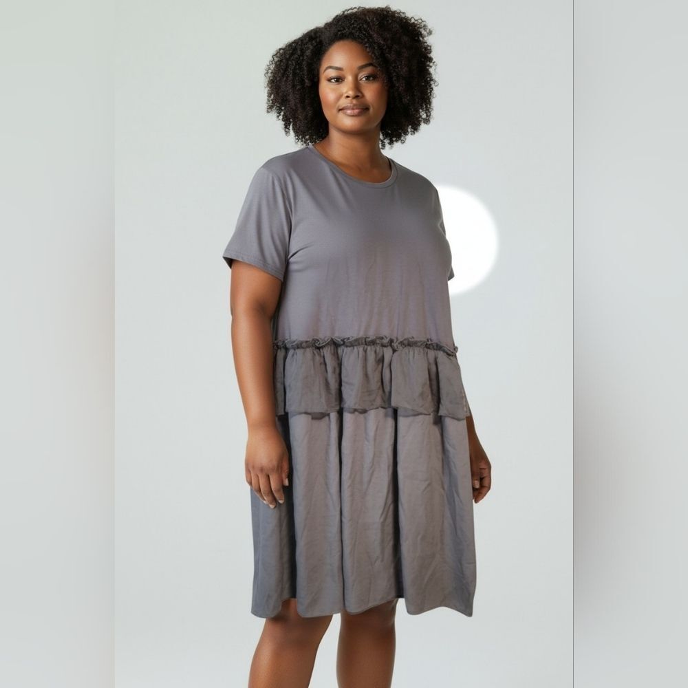 Gray Short Sleeve Silk Ruffle Dress